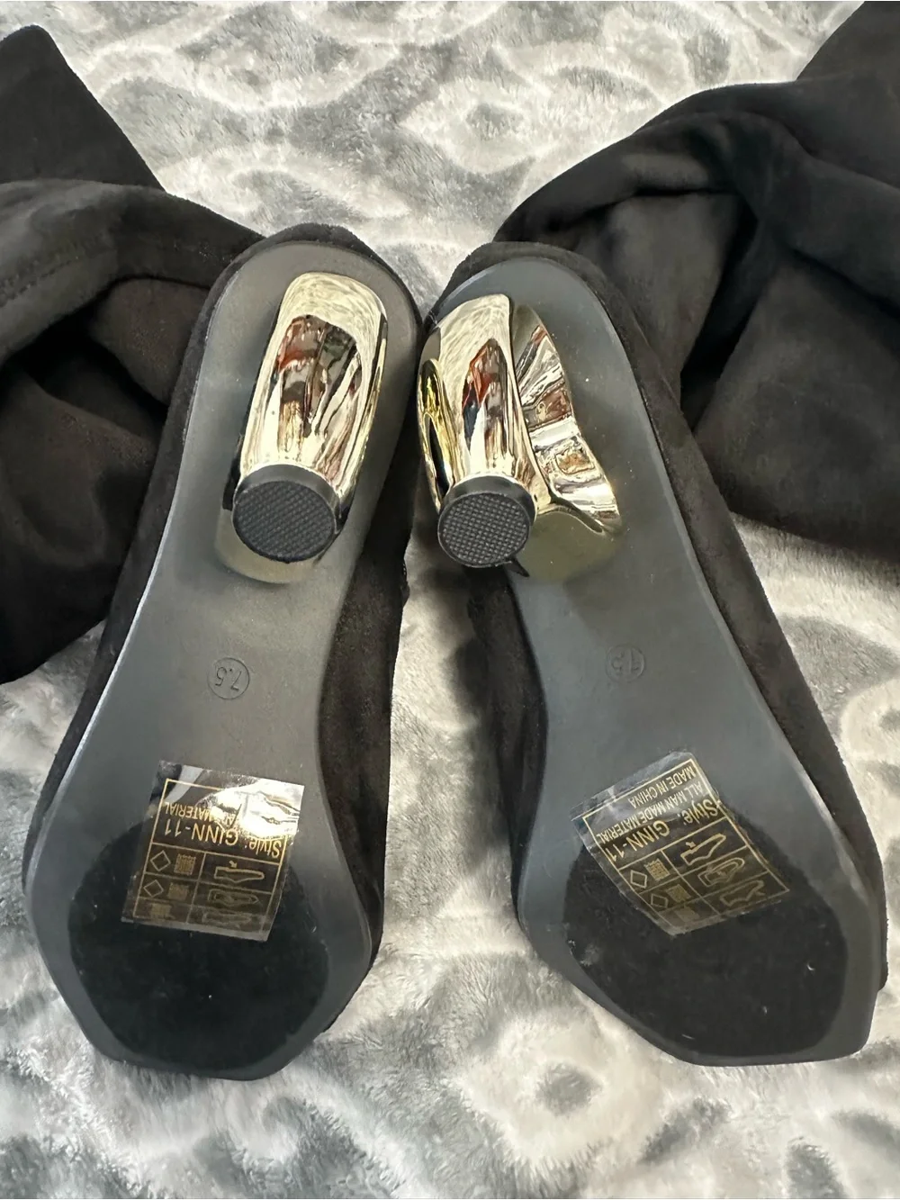 Yoki Black Over-the-Knee Peep-Toe Boots with Sculptural Gold Heel